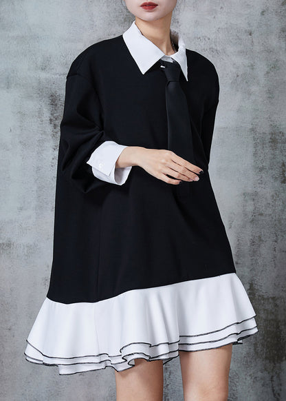 Robe patchwork en coton noir à col Peter Pan pour l'automne QA1018 