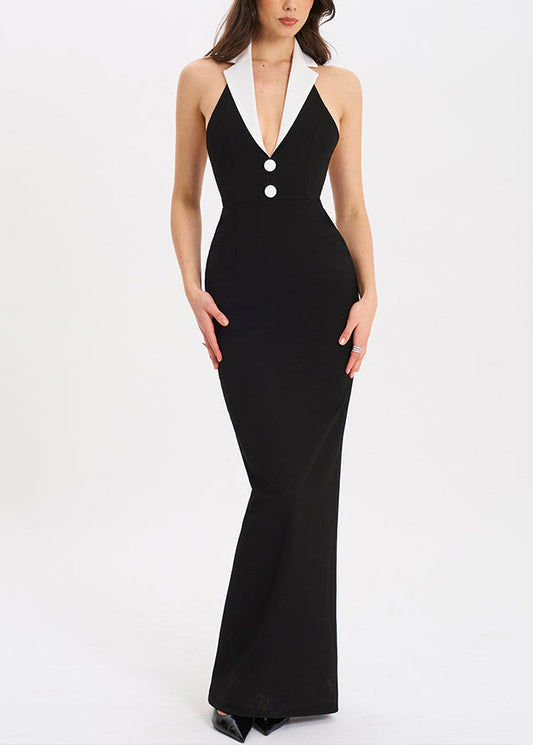 Robe longue crantée en coton français, dos nu, ouverte, noire 