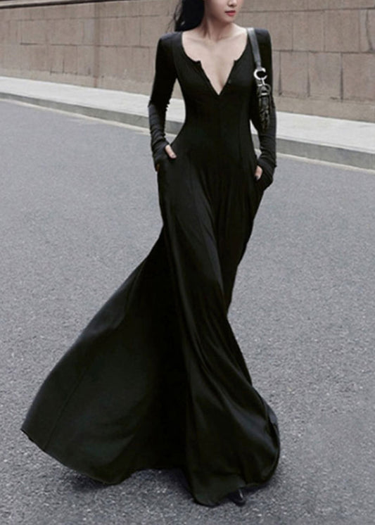 V Frühling Neue Lange Fit Schwarz Kleid Schlank Einfache Hals Baumwolle 