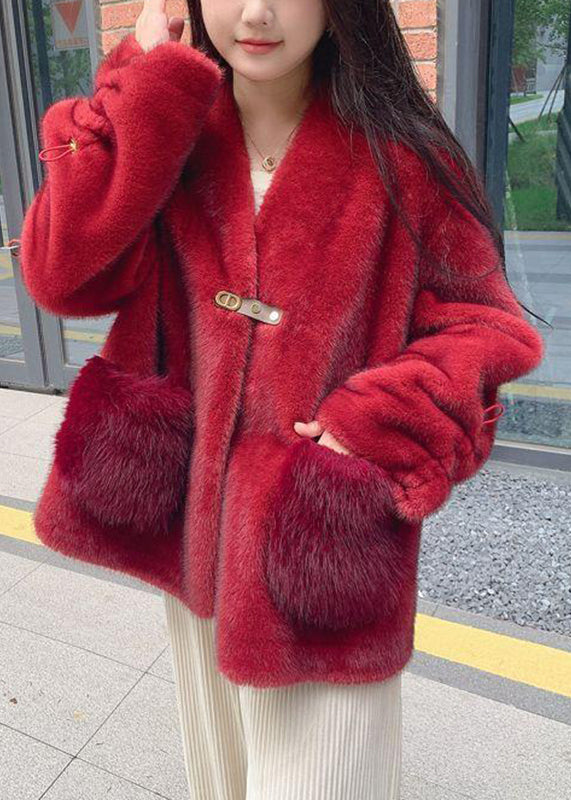 Style Red V Neck Drawstring Thick Mink Velvet Coats Winter WV026