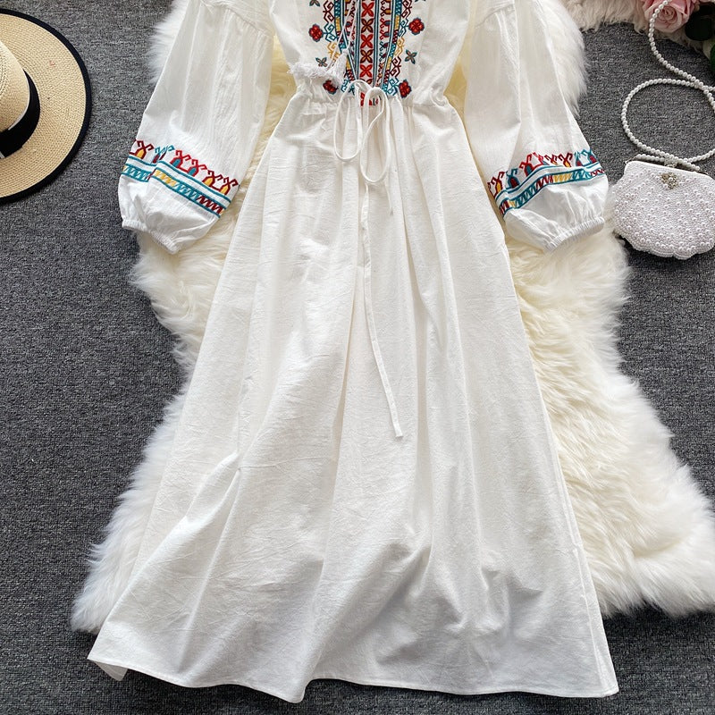 Ethnic Yellow Crew-neck Embroidery Raglan Long Puff Sleeve A-line Dress AR1006