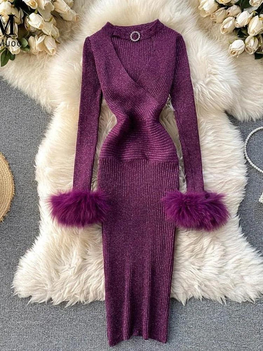 Modern Purple V-neck Hollow Out Halter Long Sleeve With Fur Knit Dress AR1009