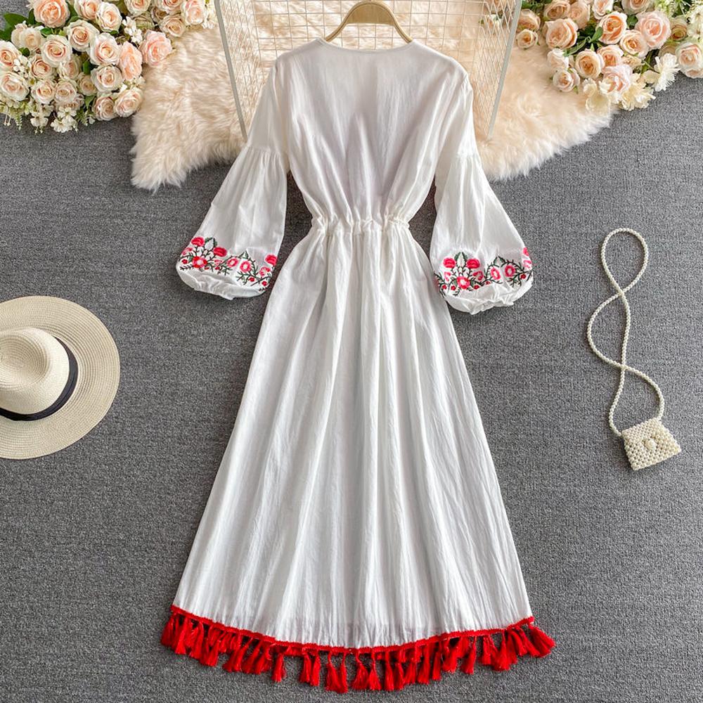 Retro White V-neck Lacing Embroidery Tassel Hem Long Puff Sleeve Dress AR1015