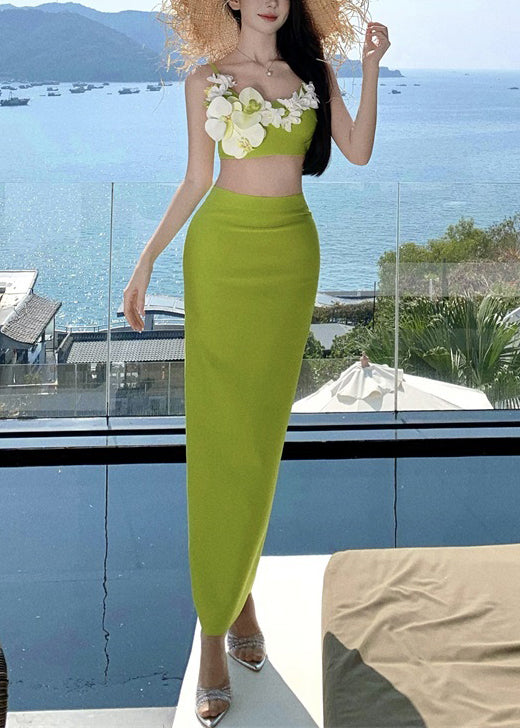 Chic Green Tank Cotton Floral Skirts And Side Set Two-Piece Open