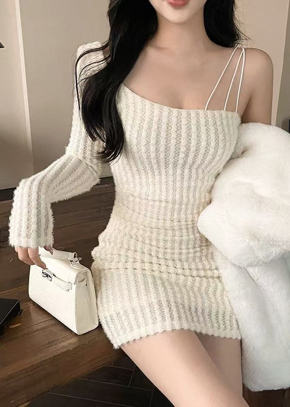 Fit Slim Spring Solid White Kleid Asymmetrische Strick Mid 