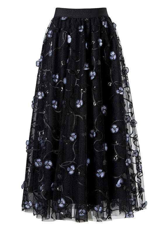 Art Black Embroidered Floral High Waist Tulle Pleated Skirts Spring AJ1018