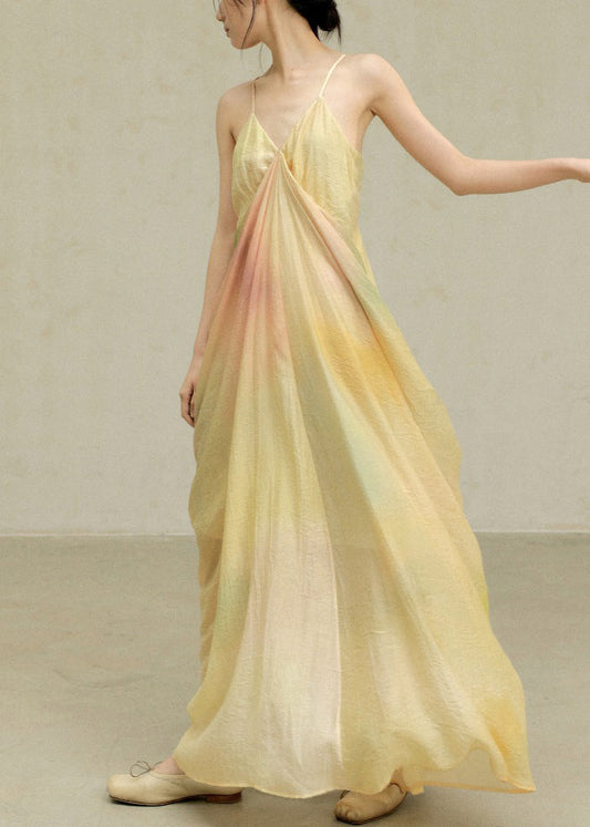 Robe en coton spaghetti fantaisie froissée avec bretelles jaunes