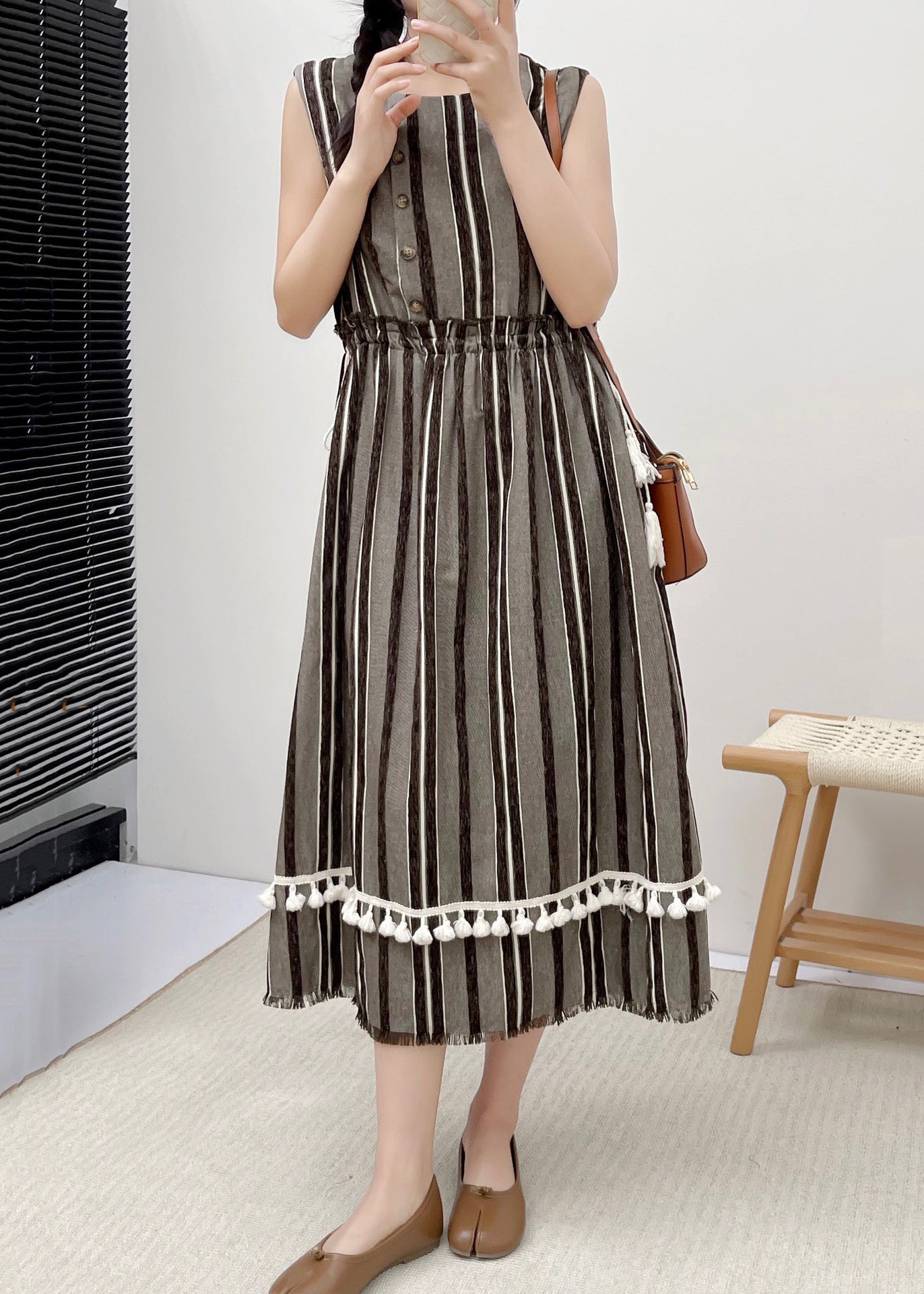 New Striped Ruffled Pockets Lace Up Cotton Dress Sleeveless NN029