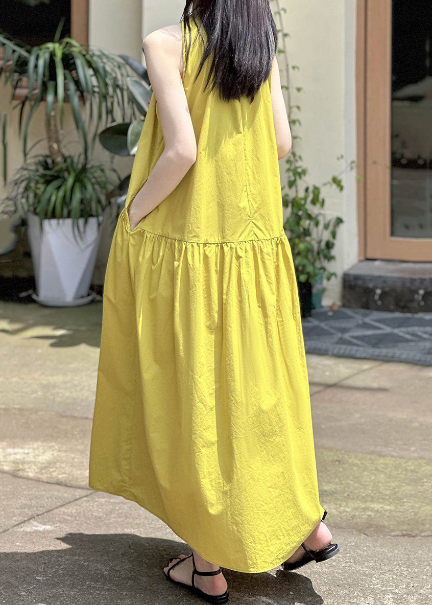 Elegant Yellow Pockets Solid Cotton Long Dress Sleeveless AF1043