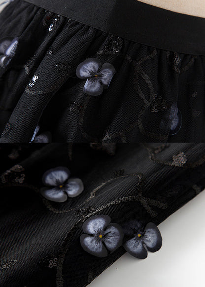 Jupe plissée en tulle taille haute à fleurs brodées noires Art Spring AJ1018 