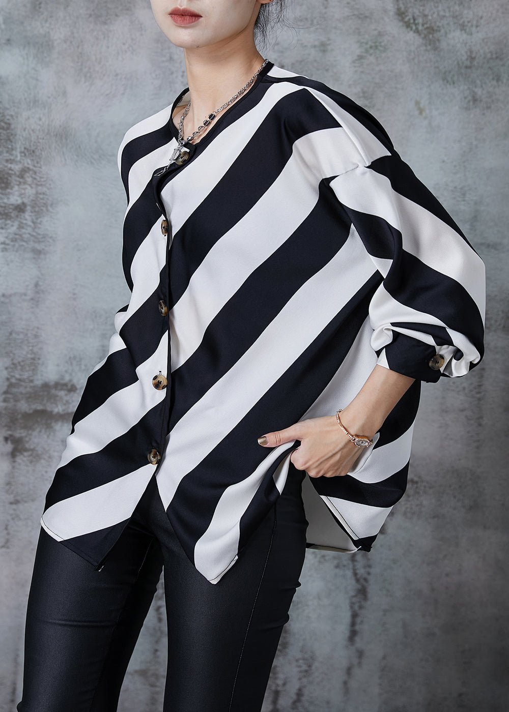 Elegant Black White Striped Oversized Chiffon Shirts Spring QA1023