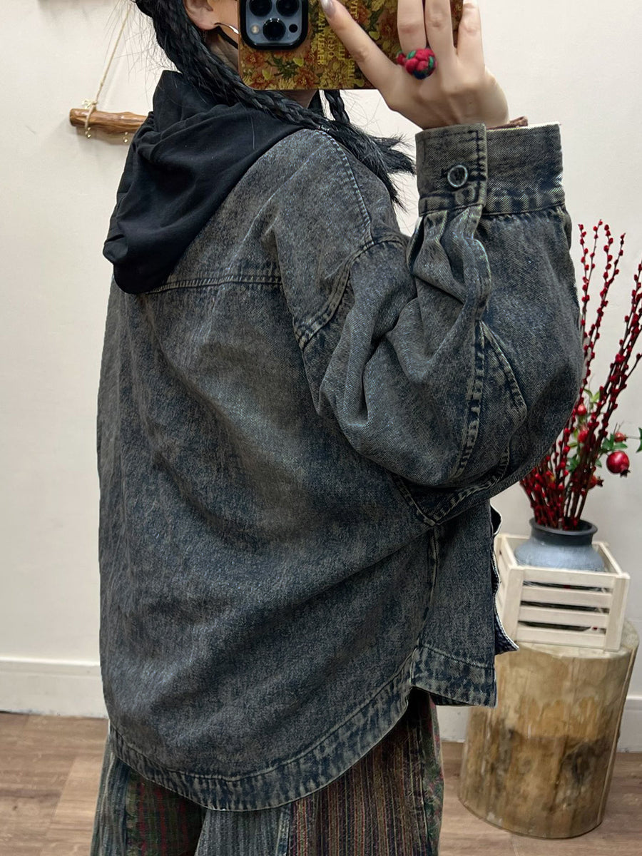 Women Spring Retro Irregular Patch Pocket Denim Coat AT1031