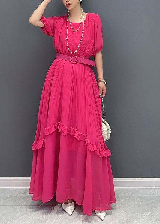 Natural Red Ruffled Patchwork Sashes Chiffon Long Dress Summer AO1047