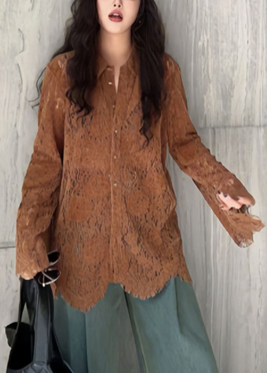 Mode Top Kragen Flare Spitze Ärmel Pan Shirts Peter Kaffee 