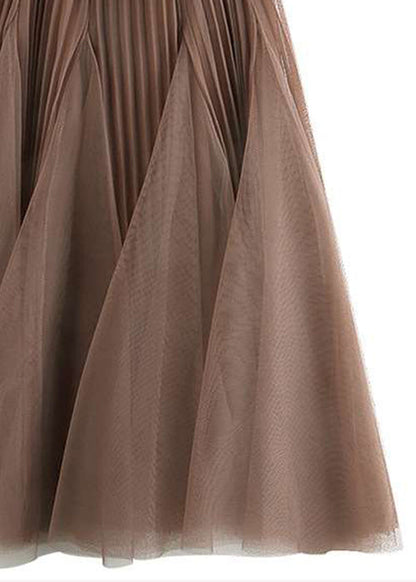 Women Brown Wrinkled Elastic Waist Tulle Skirts Spring RV005