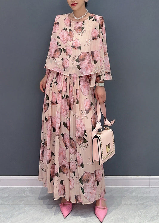 Classy Pink O Neck Print Chiffon Two Piece Set Women Clothing Summer AO1010