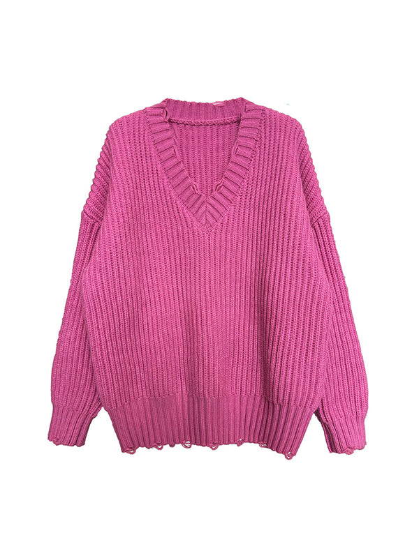 Urban Fuchsia V-Neck Long Sleeve Knit Sweater AN1046