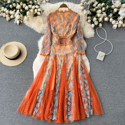 Robe à manches longues en tulle brodé orange à col en V d'Italie AR1005 