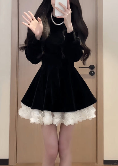 Samt Einfache Schwarz Mid O Kleid Frühling Hals Seide Solide Patchwork 