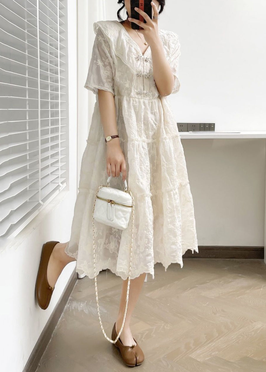 Elegant White V Neck Button Ruffled Cotton Dress Summer NN040