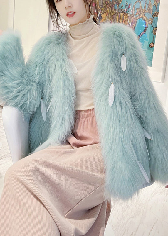 Italian Light Green Raccoon Hair Feather Tassel Coats Winter WV011