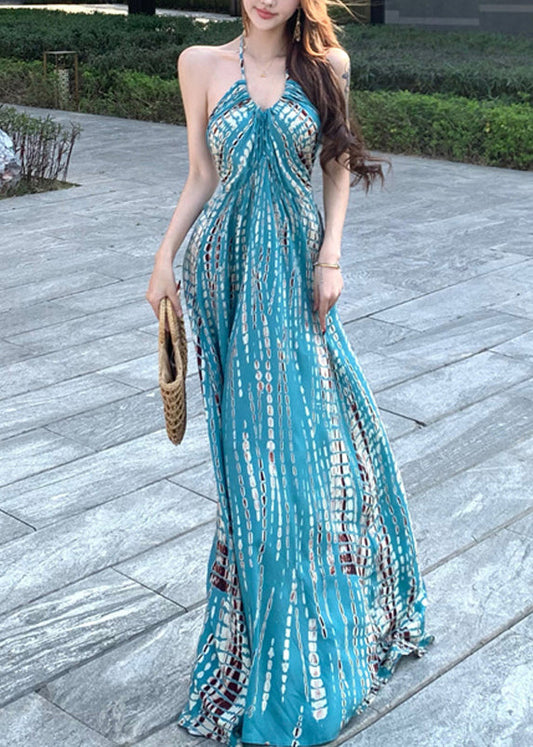 Robe imprimée sans manches dos nu bleu vacances coton élégant 