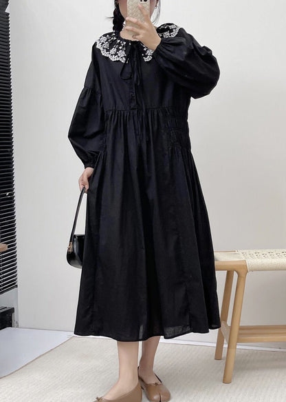 Robe ample en coton brodée noire à lacets Printemps NN017 