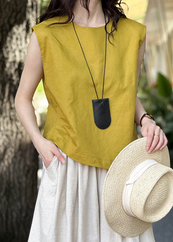 Simple Yellow O Neck Solid Linen Top Sleeveless AF1016