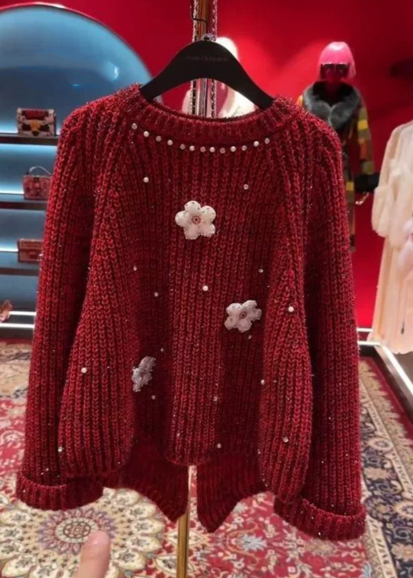 Stylish Red O-Neck Floral Nail Bead Thick Cotton Knit Sweater Tops Winter WD037