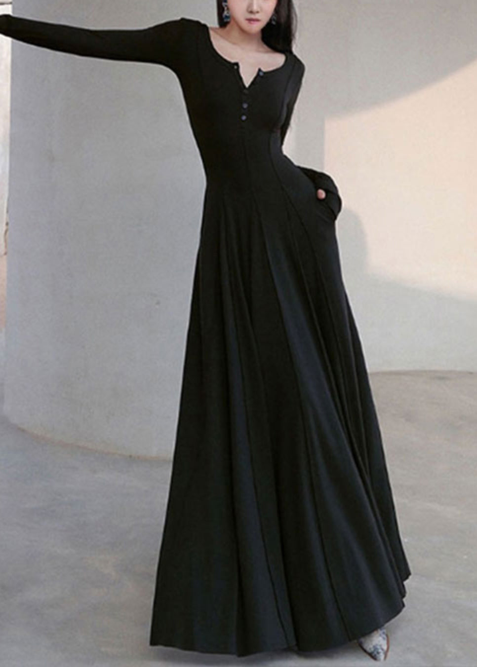 V Frühling Neue Lange Fit Schwarz Kleid Schlank Einfache Hals Baumwolle 