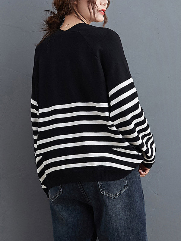 Casual Loose Black V-Neck Contrast Color Striped Long Sleeve Knit Sweater AN1035