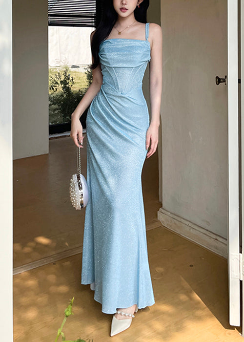 Spaghettiträger-Dinnerkleid im Original-Blau mit Falten 