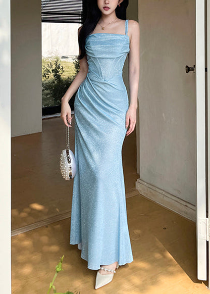 Spaghettiträger-Dinnerkleid im Original-Blau mit Falten 