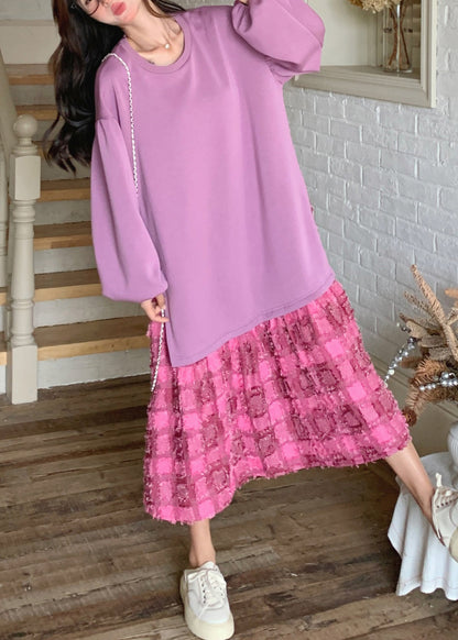 Lila Kleid Frühling Plaid O-Ausschnitt Lose Maxi 