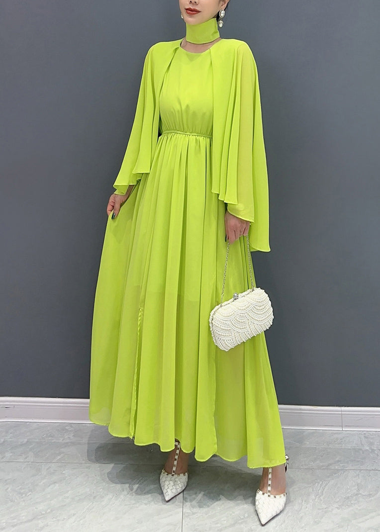 Fitted Green Shawl Collar Patchwork Vacation Maxi Dresses Flare Sleeve AO1031