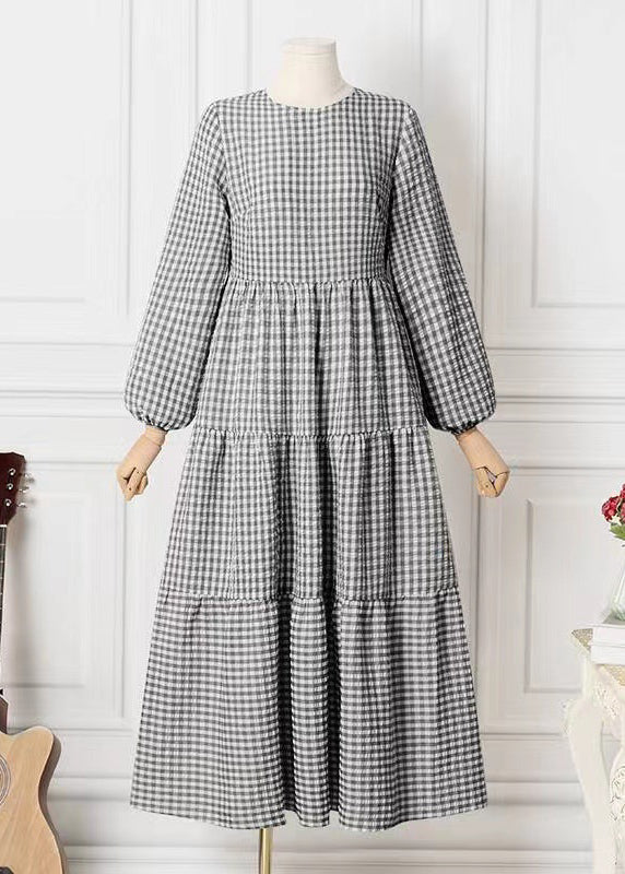 Baumwollkleider Einfach Plaid Frühling Maxi Grün 