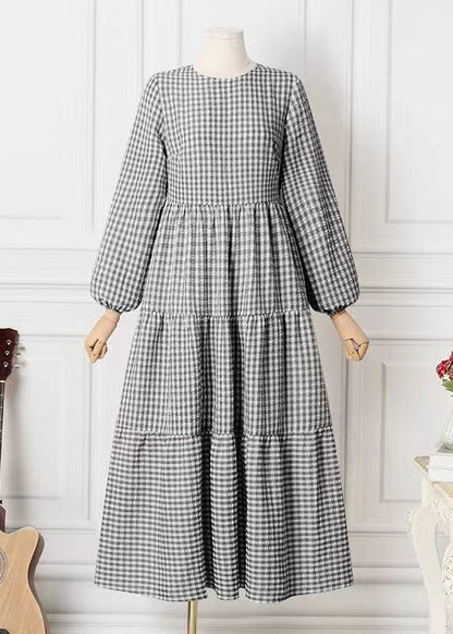 Baumwollkleider Einfach Plaid Frühling Maxi Grün 