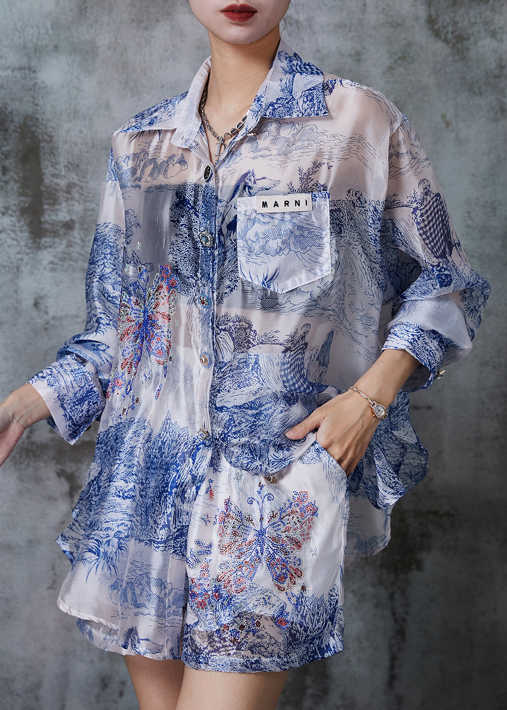 Casual Blue Oversized Print Silk UPF 50+ Two Pieces Set Summer QA1003