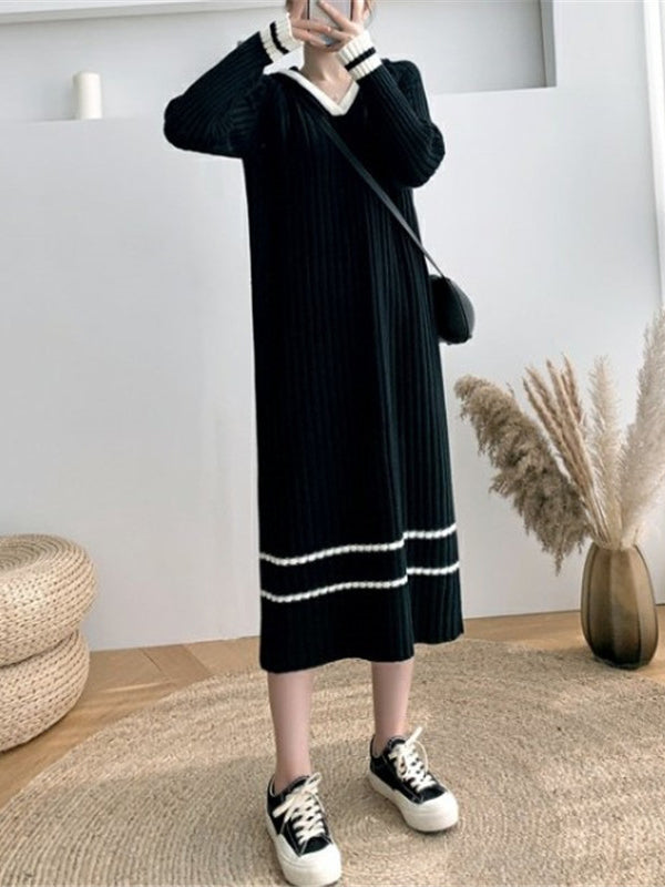 Urban Coffee Hooded V-Neck Long Sleeve Striped Knit Dress AN1051