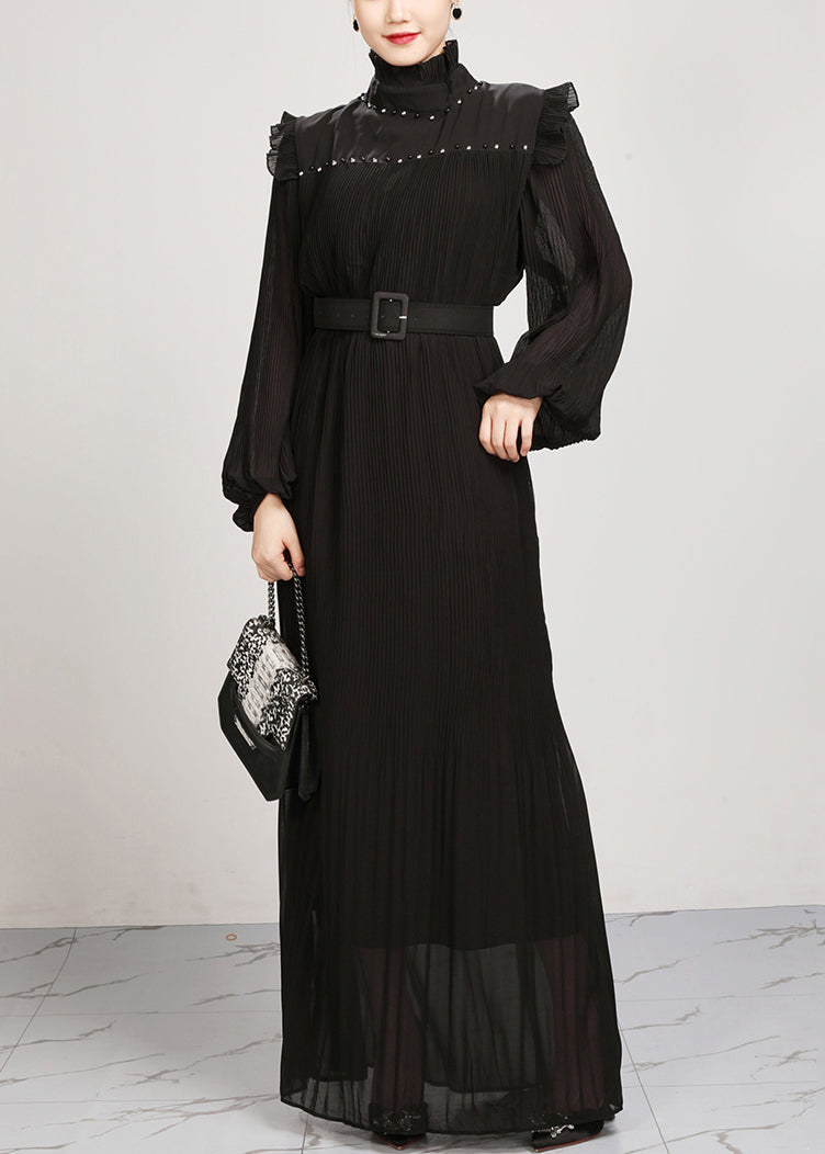 French Black Ruffled Solid Chiffon Maxi Dresses Fall AR1038