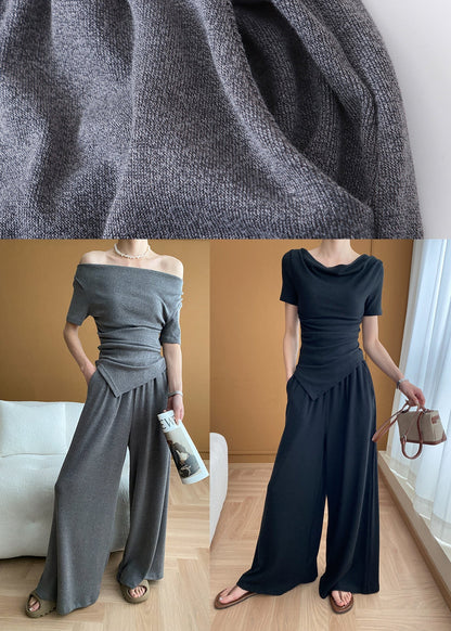 Ensemble deux pièces en tricot asymétrique à épaules dénudées gris italien pour l'été WD002 