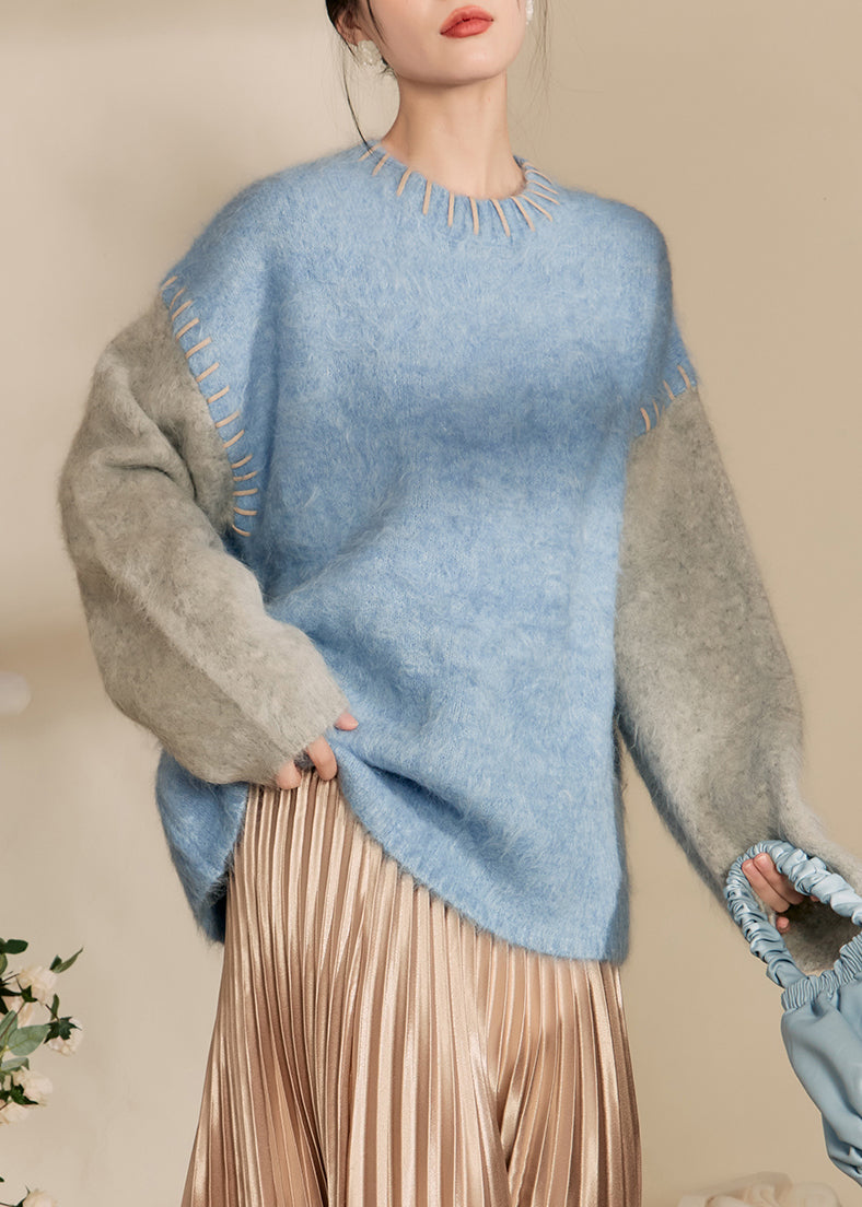 Loose Blue O-Neck Patchwork Thick Cotton Knit Sweaters Winter RY004