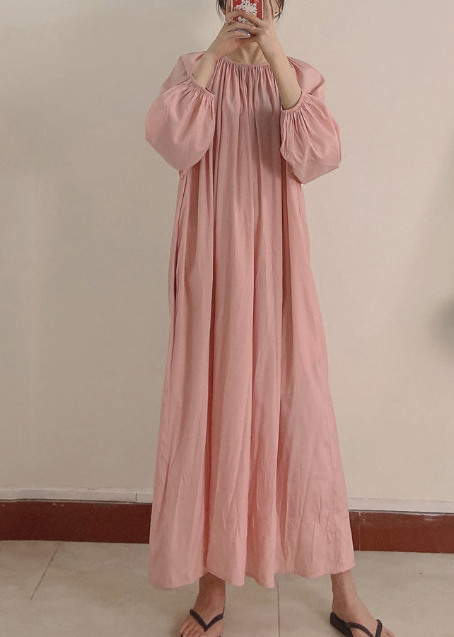 Women Pink Wrinkled Pockets Maxi Dress Long Sleeve TT1044