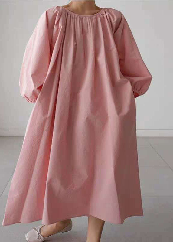 Kleid zerknittert O-Ausschnitt Rosa Maxi Viertel Drei Baumwolle Ärmel 
