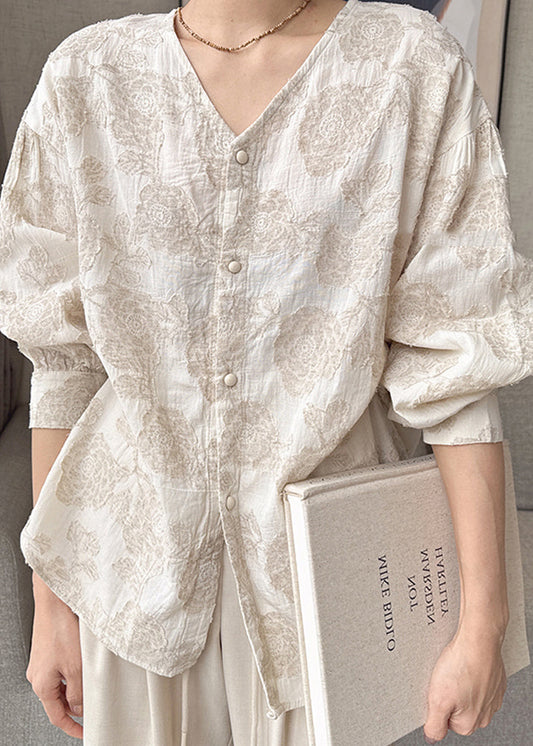 Hals Baumwolle Frühling Aprikose Knopf Jacquard V Casual Shirts 