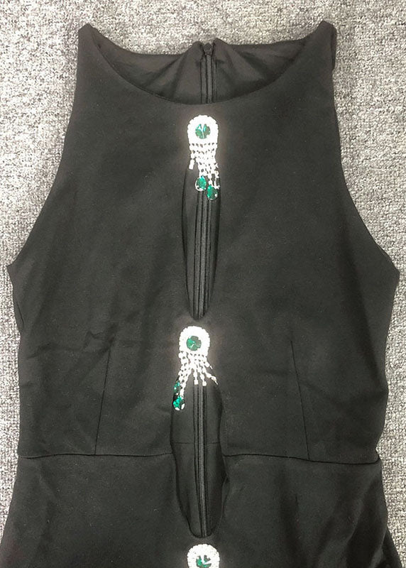 Hohl Slim Out Ärmelloses Langes Schwarzes Kleid Baumwolle Zirkon Fit 