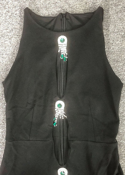 Hohl Slim Out Ärmelloses Langes Schwarzes Kleid Baumwolle Zirkon Fit 