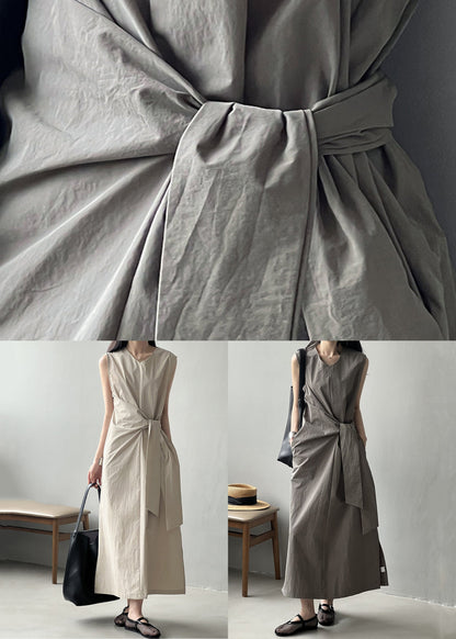 Taschen Grau V Baumwolle Lange Ärmelloses Design Kleid Hals Original 