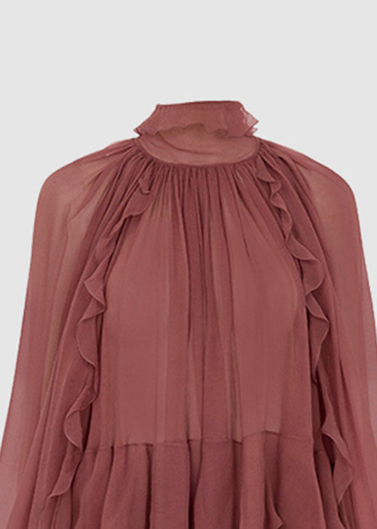 Haut patchwork en mousseline de soie, chemise à volants rouge brique à la française 