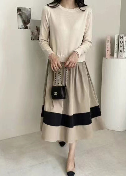 Große Fake Knit Patchwork Zwei Extra Stück Saum Kleider Schwarz Tailliert 